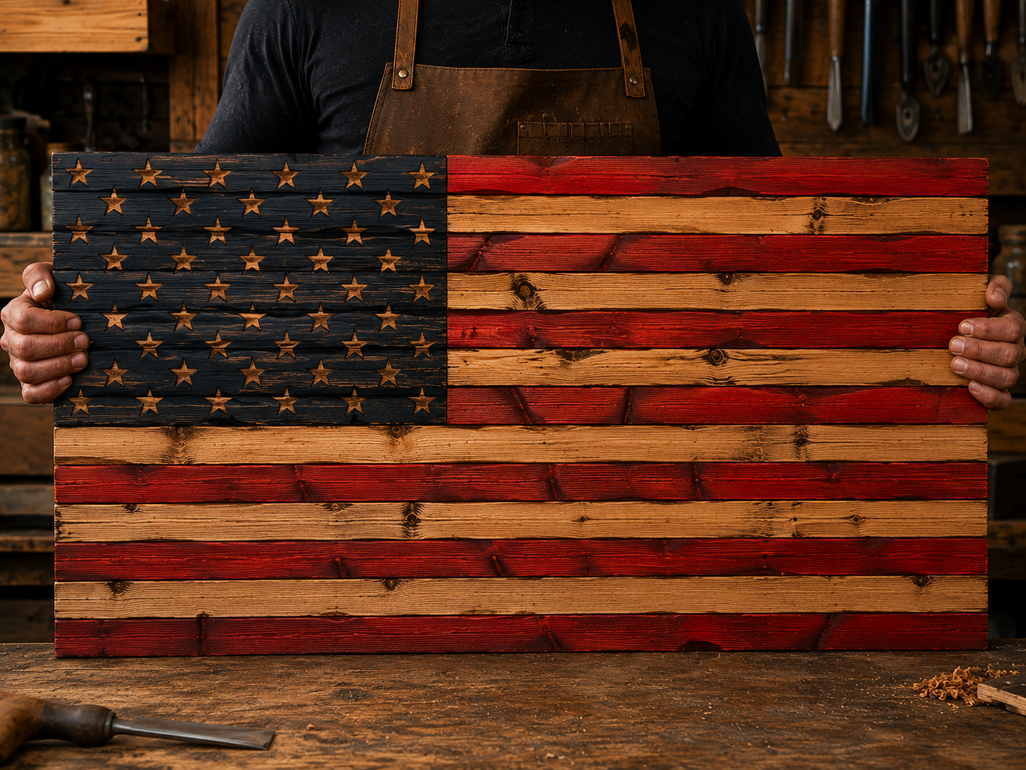 Person holding a wooden American flag with a rustic finish in a woodworking shop.