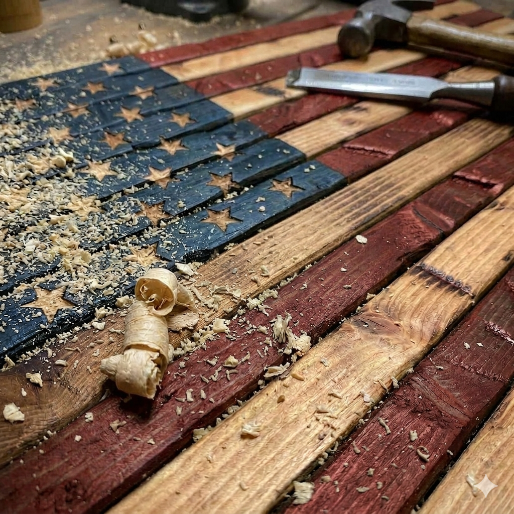 Wood American flag shaped woodworking project in progress with chisels and wood shavings.