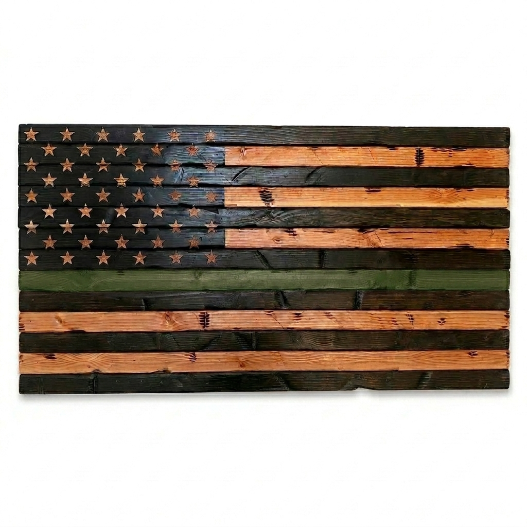 Hand Carved Wood Thin Green Line Flag