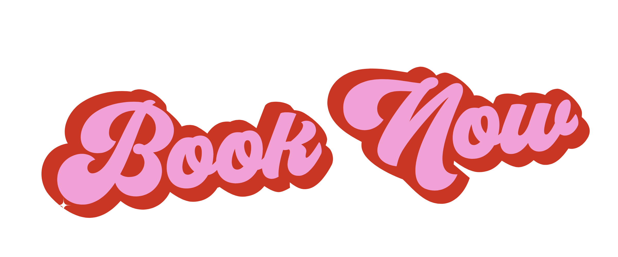 Pink and red text that says 'Book Now' with sparkles around it.