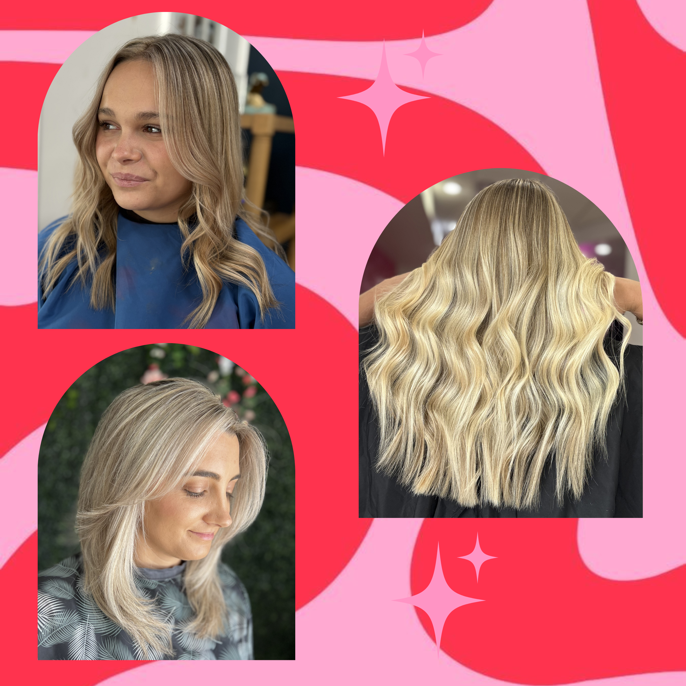 A collage featuring three women with long blonde hair styled differently, set against a colorful background with pink, red, and star-shaped accents.