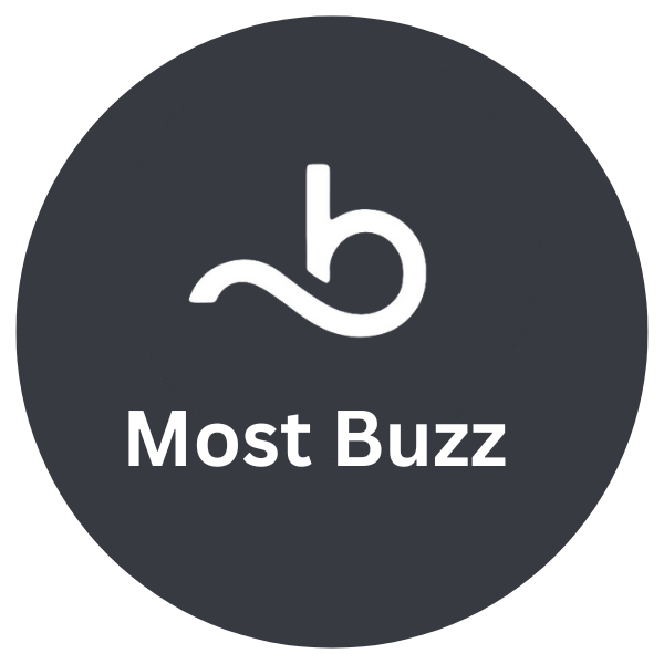 Black circle logo for Most Buzz featuring a white stylized 'b' and the text 'Most Buzz' underneath.