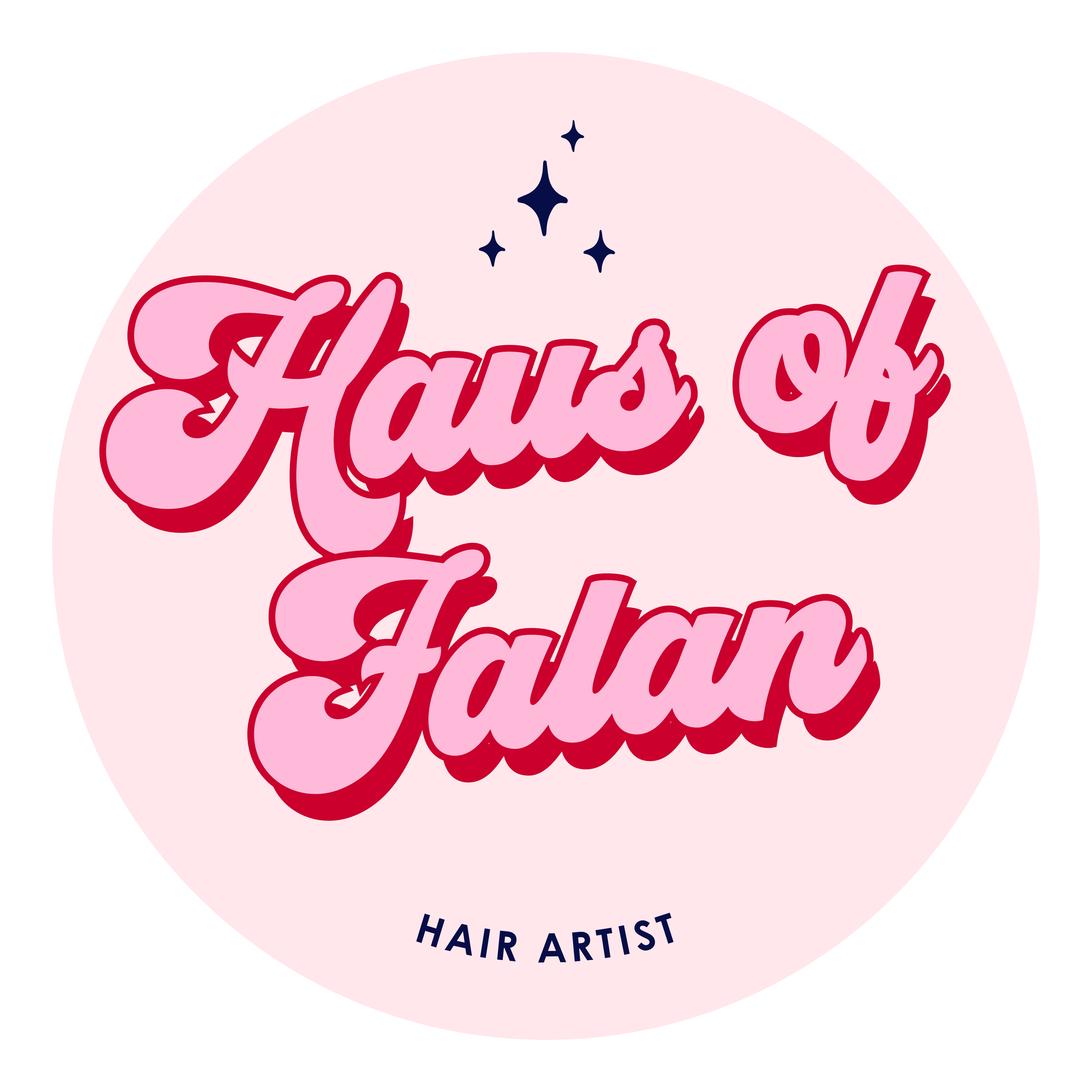 Design of a pink circular logo with the words 'Hair Dot' in large cursive pink font outlined in red and 'Hair Artist' in smaller black font beneath.