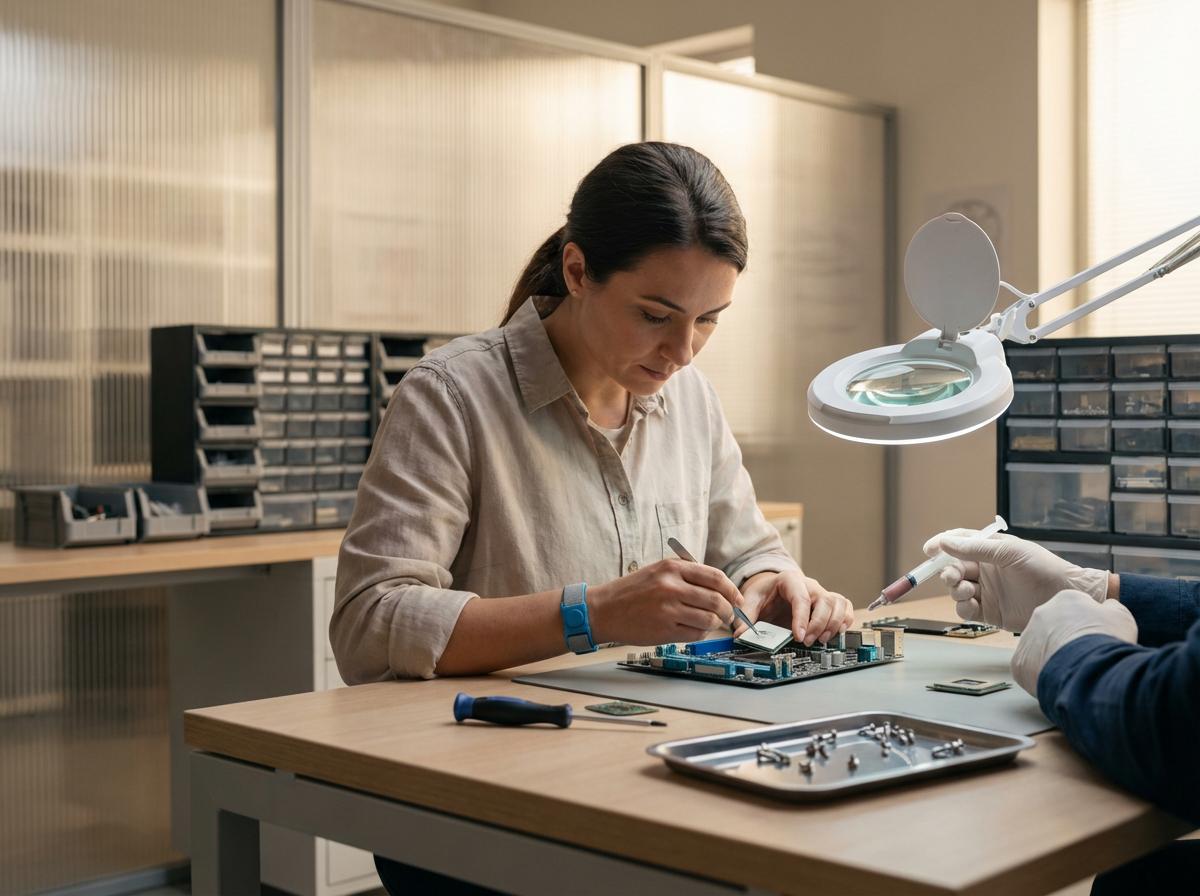 A woman working on a circuit board in a laboratory with a person assisting, under a magnifying glass lamp, with electronic components and tools on the table.