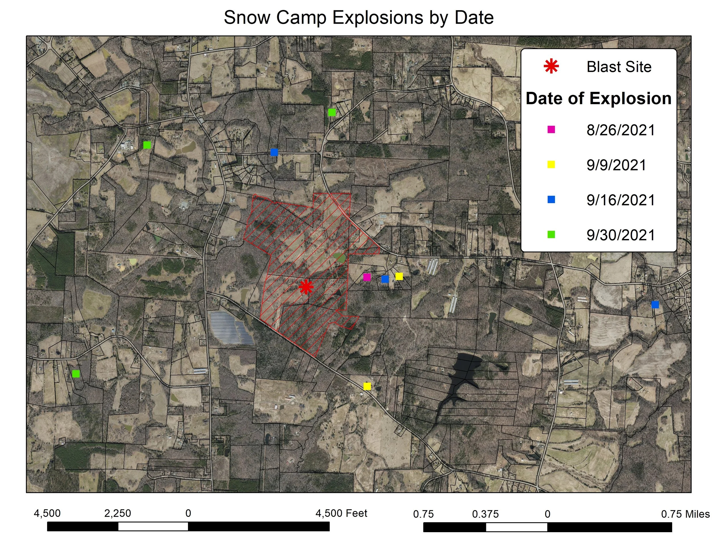 Map showing snow camp explosions with different dates marked by color-coded squares and a red blast site symbol. The map includes date labels for August 26, 2021, September 9, 2021, September 16, 2021, and September 30, 2021. The map features a satellite view with roads, fields, and wooded areas, along with a scale bar at the bottom for distance measurement.