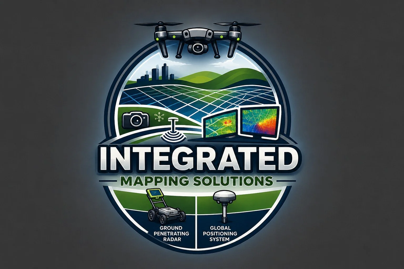 A logo with a drone, solar panels, maps, and monitoring screens, titled 'Integrated Mapping Solutions', highlighting ground penetrating radar and global positioning system technology.