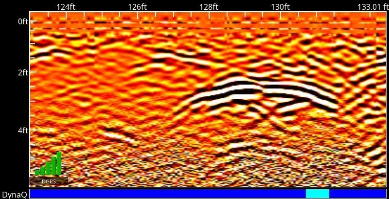Sonar image showing underwater structures with objects detected at depths around 2 to 4 feet, with signal strength indicators and different frequency responses.