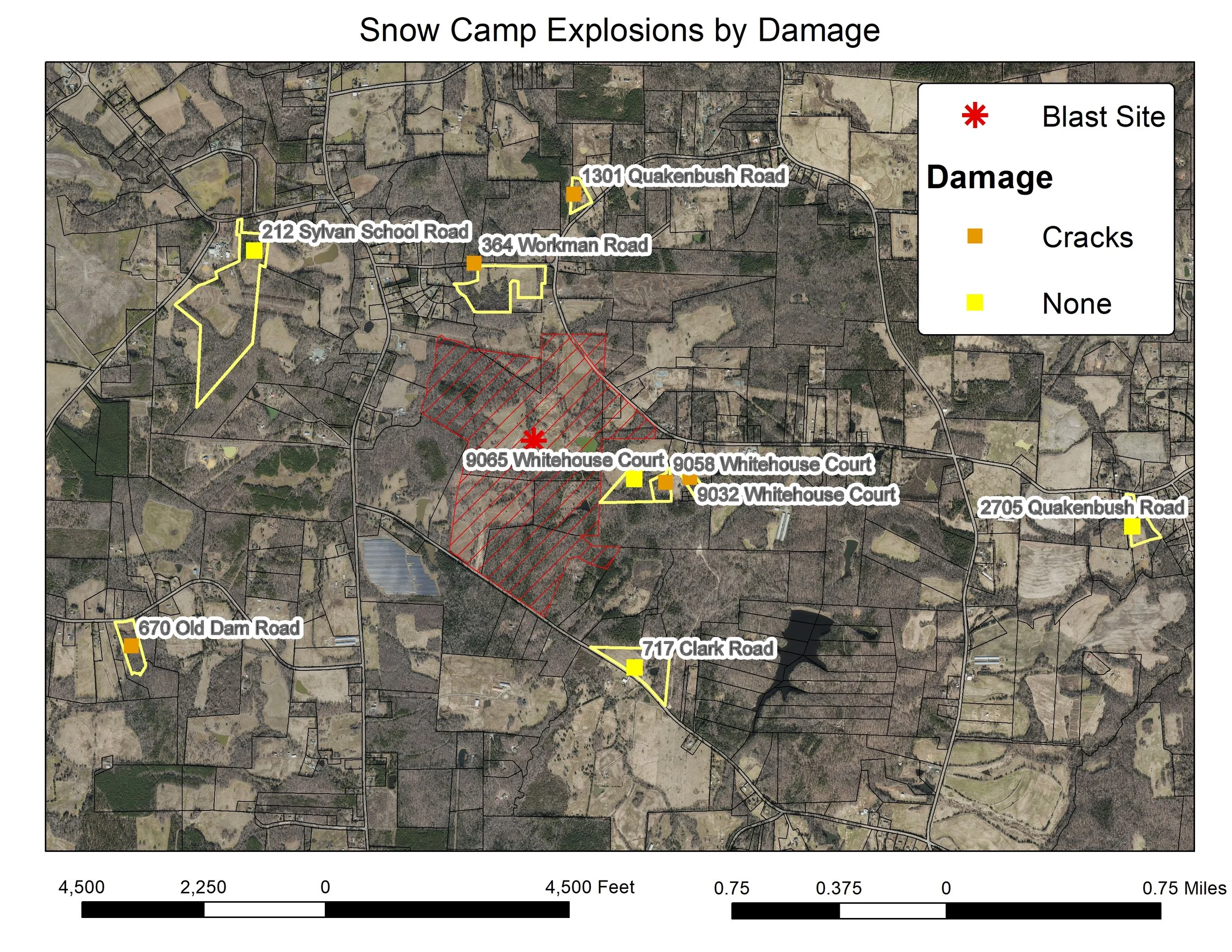 Map indicating damage from snow camp explosions with marked locations at 1301 Quakenbush Road, 212 Sylvan School Road, 364 Workman Road, and others, along with a legend for blast site, cracks, and no damage.