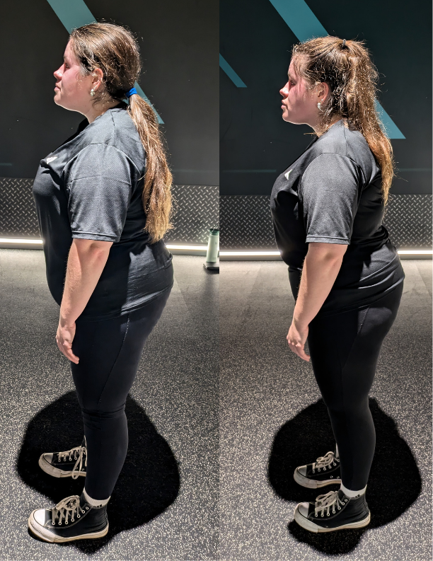 Side-by-side comparison of a woman standing in a gym, showing a before and after body transformation, wearing a gray t-shirt, black leggings, and black sneakers.