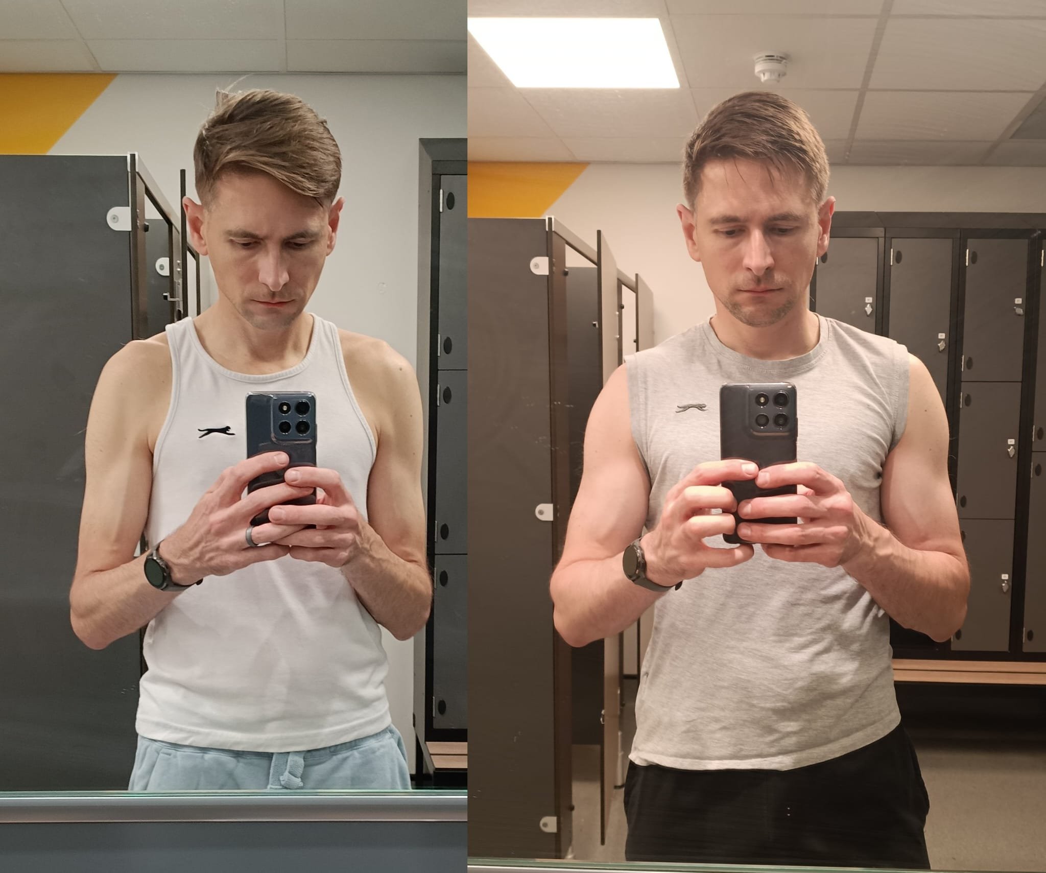 A split-screen photo of a young man taking two mirror selfies in a locker room. In the left image, he wears a sleeveless white athletic shirt with a logo, has short, styled brown hair, and is holding a smartphone with a camera case. His expression is neutral. In the right image, he wears a light gray sleeveless shirt, has a similar hairstyle, and is also holding a smartphone with a neutral expression. The background includes gray lockers, a gray wall on the left side, and a ceiling with fluorescent lights.
