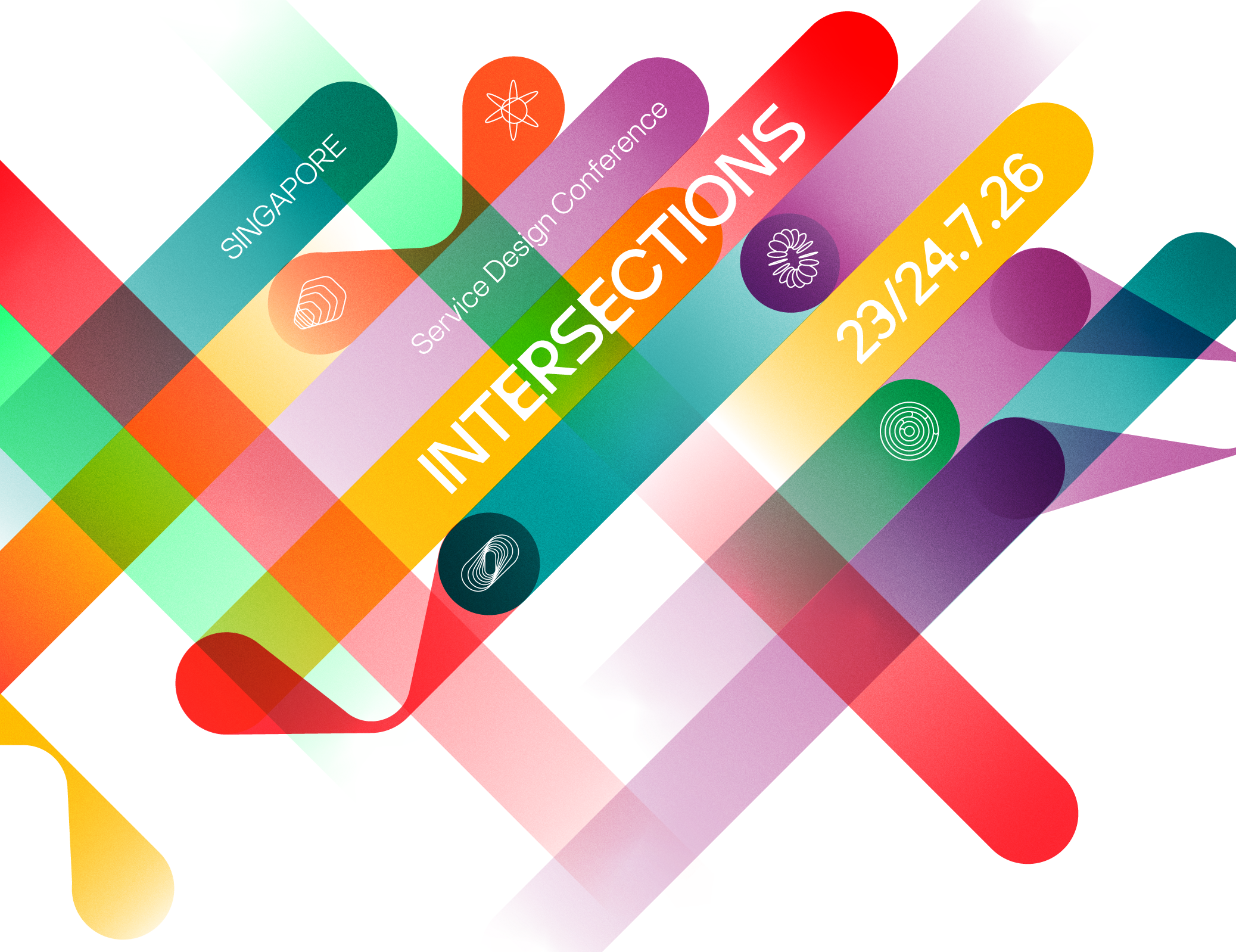Colorful abstract design with overlapping rounded rectangles containing text about a conference, including the dates July 23-26, 2024, and location Singapore.