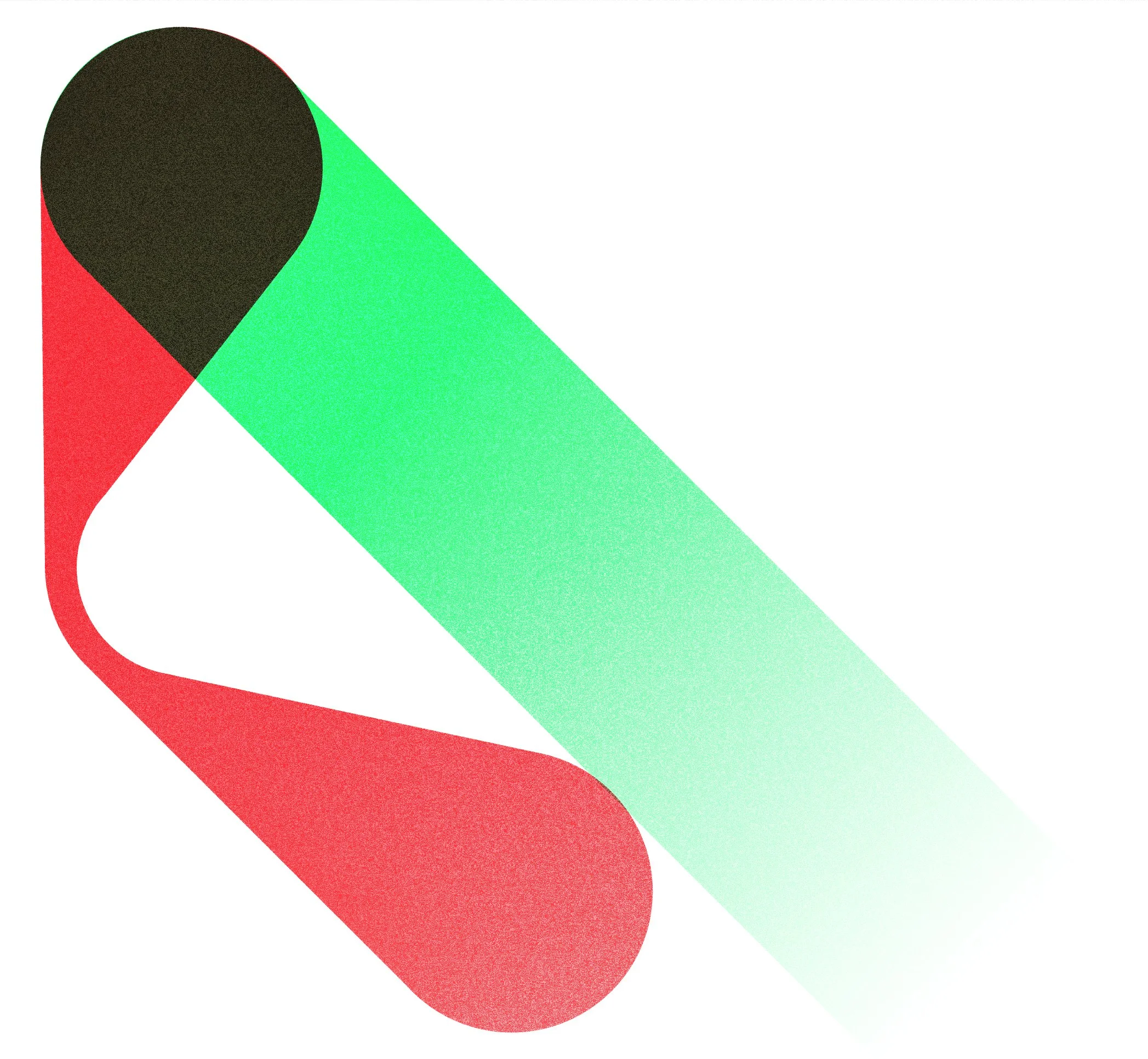 Close-up of red, black, and green geometric shapes with shadow effects on a white background.