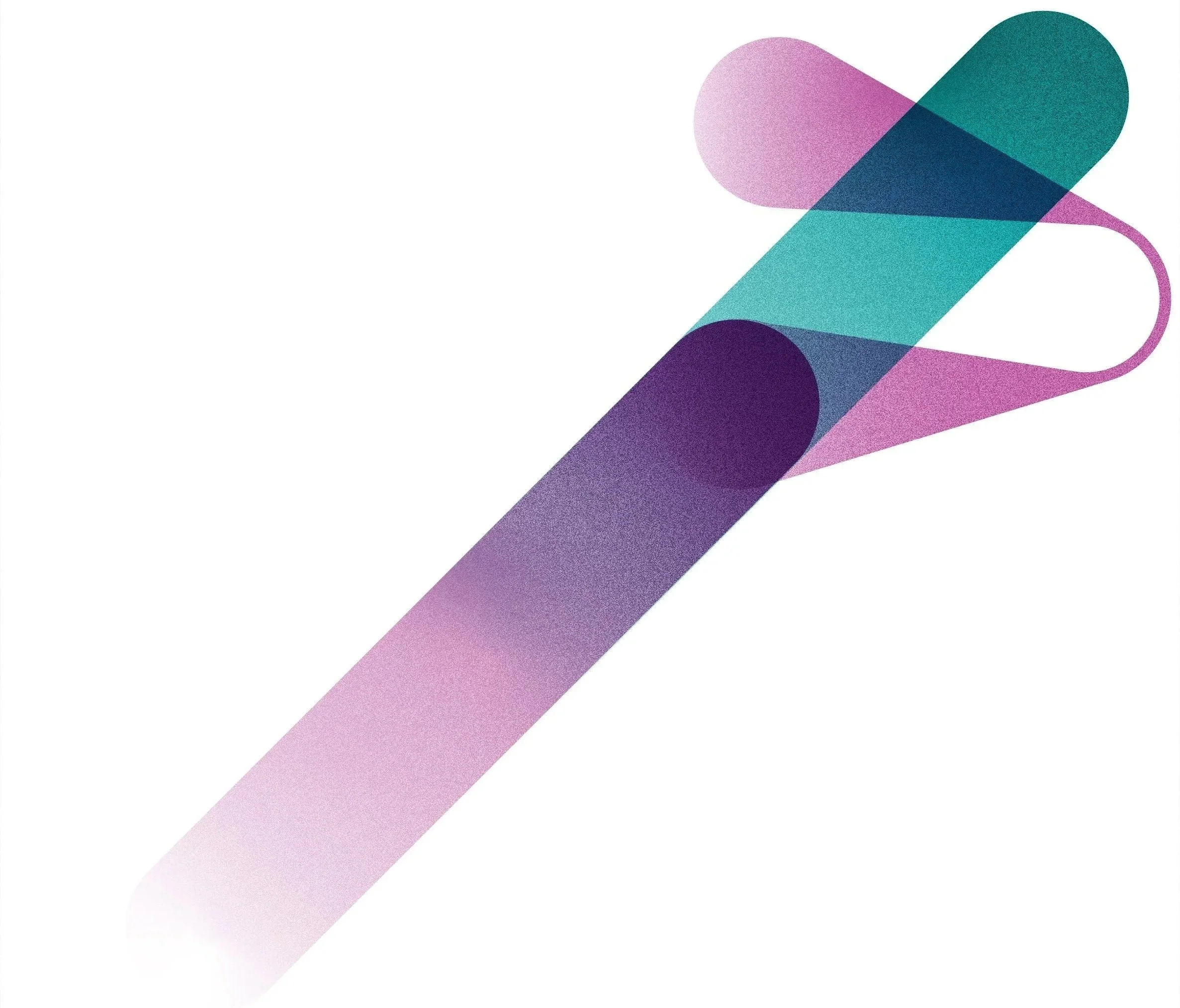 Abstract illustration with overlapping rounded shapes in shades of pink, purple, blue, and teal on a white background.