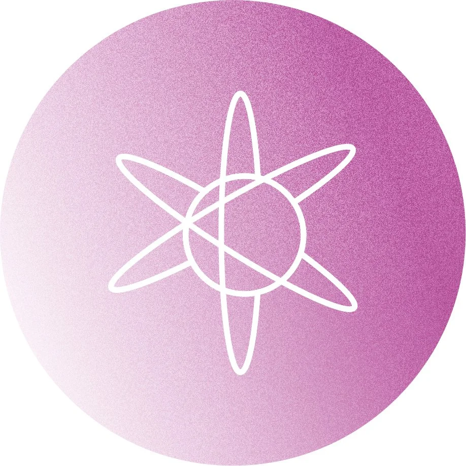 White outline of an atomic symbol with five elliptical orbits around a central circle, on a pink gradient circular background.