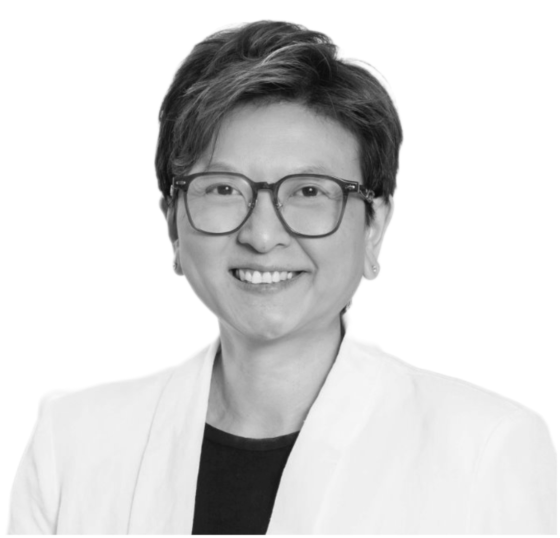 Black and white portrait of a woman with short dark hair, glasses, and a smile.