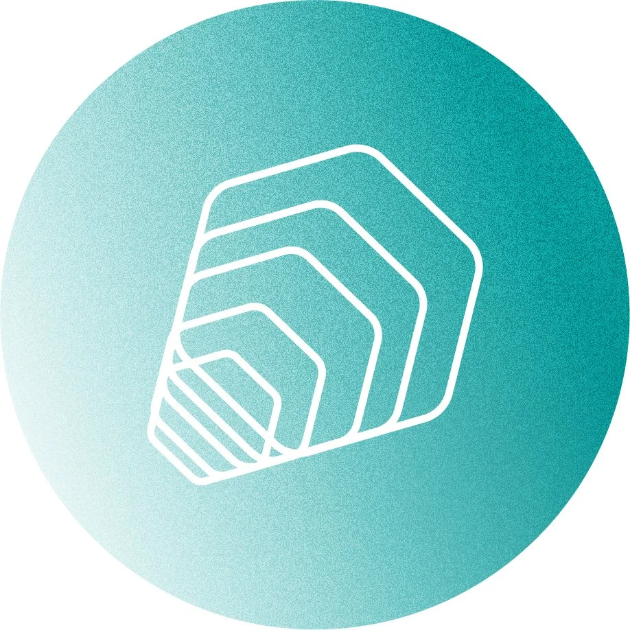 Illustration of nested rectangular shapes inside a circle, creating a geometric pattern in shades of teal.