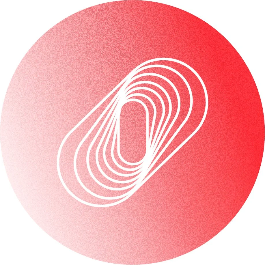 White concentric oval lines on a red gradient circular background.