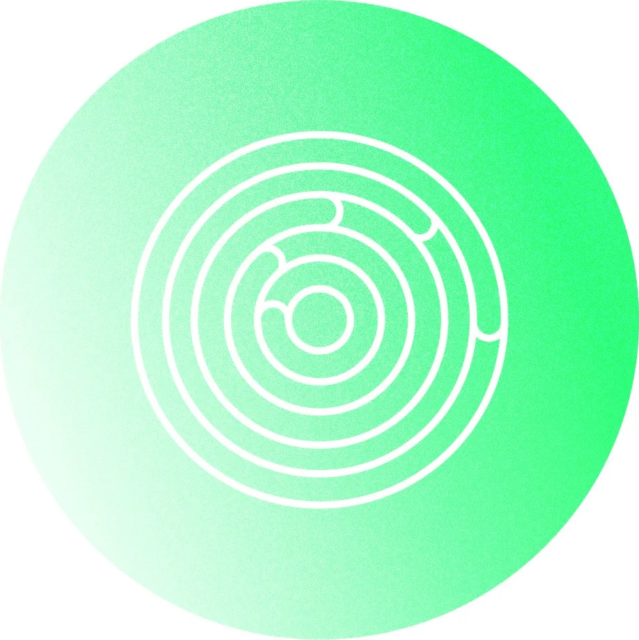 A digital maze with white lines on a green circular background.