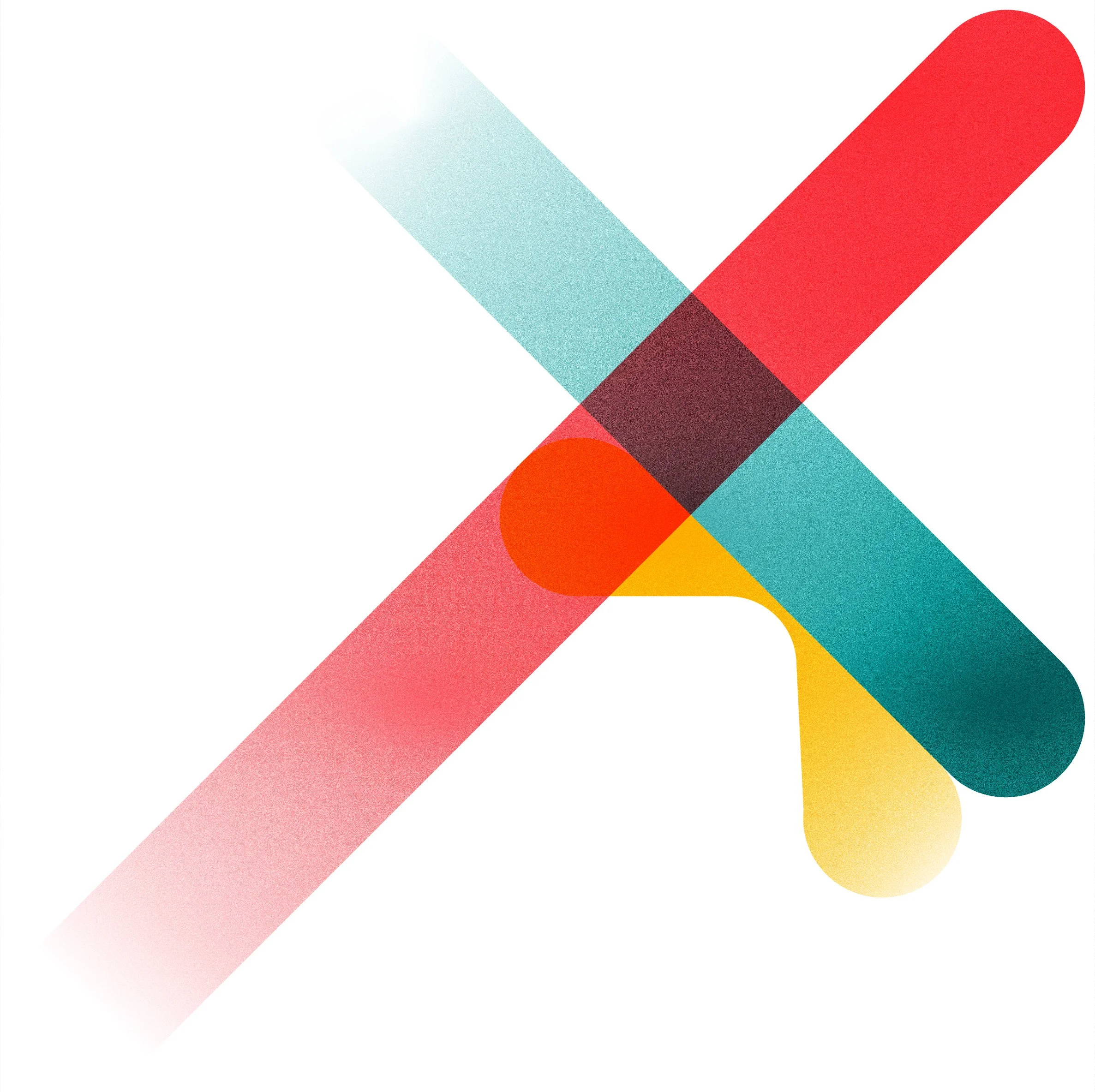 Abstract geometric design with overlapping shapes in shades of red, yellow, orange, blue, pink, and black on a white background.