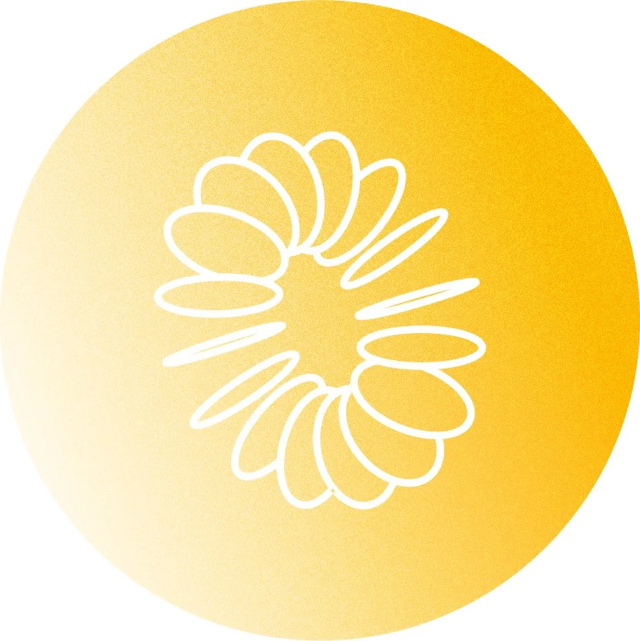 A yellow circular background with an abstract white line drawing of a flower or plant.