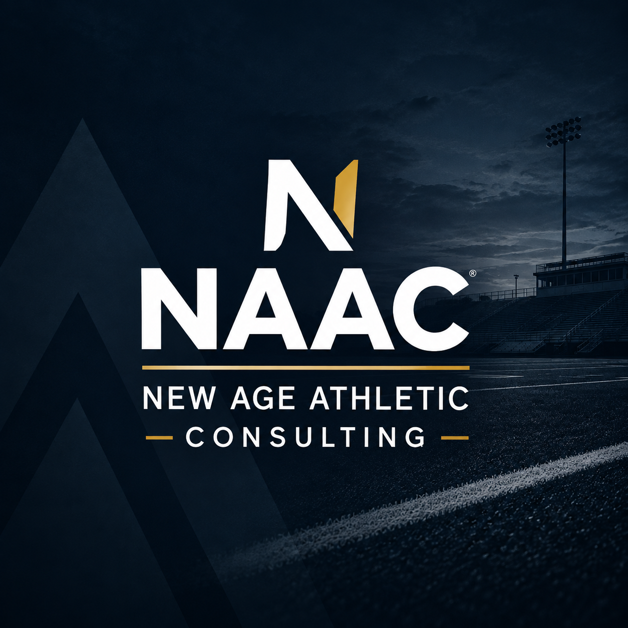 Logo of NAAC with the words New Age Athletic Consulting over a dark stadium background.