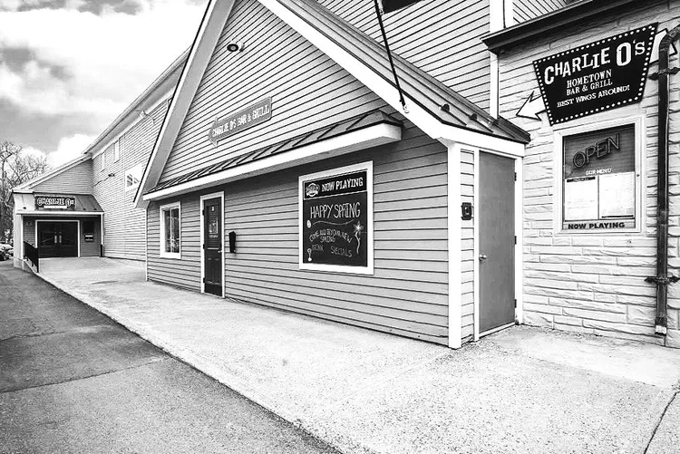 The entrance to Charlie O's, down the side of the building