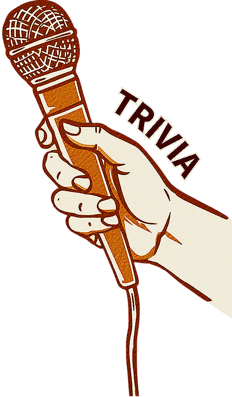 A hand holding a brown microphone with the word "TRIVIA" written beside it.