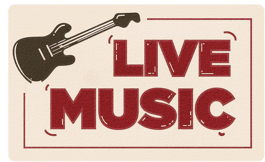 Graphic design with a black electric guitar and the words 'Live Music' in large red letters inside a rectangular border.