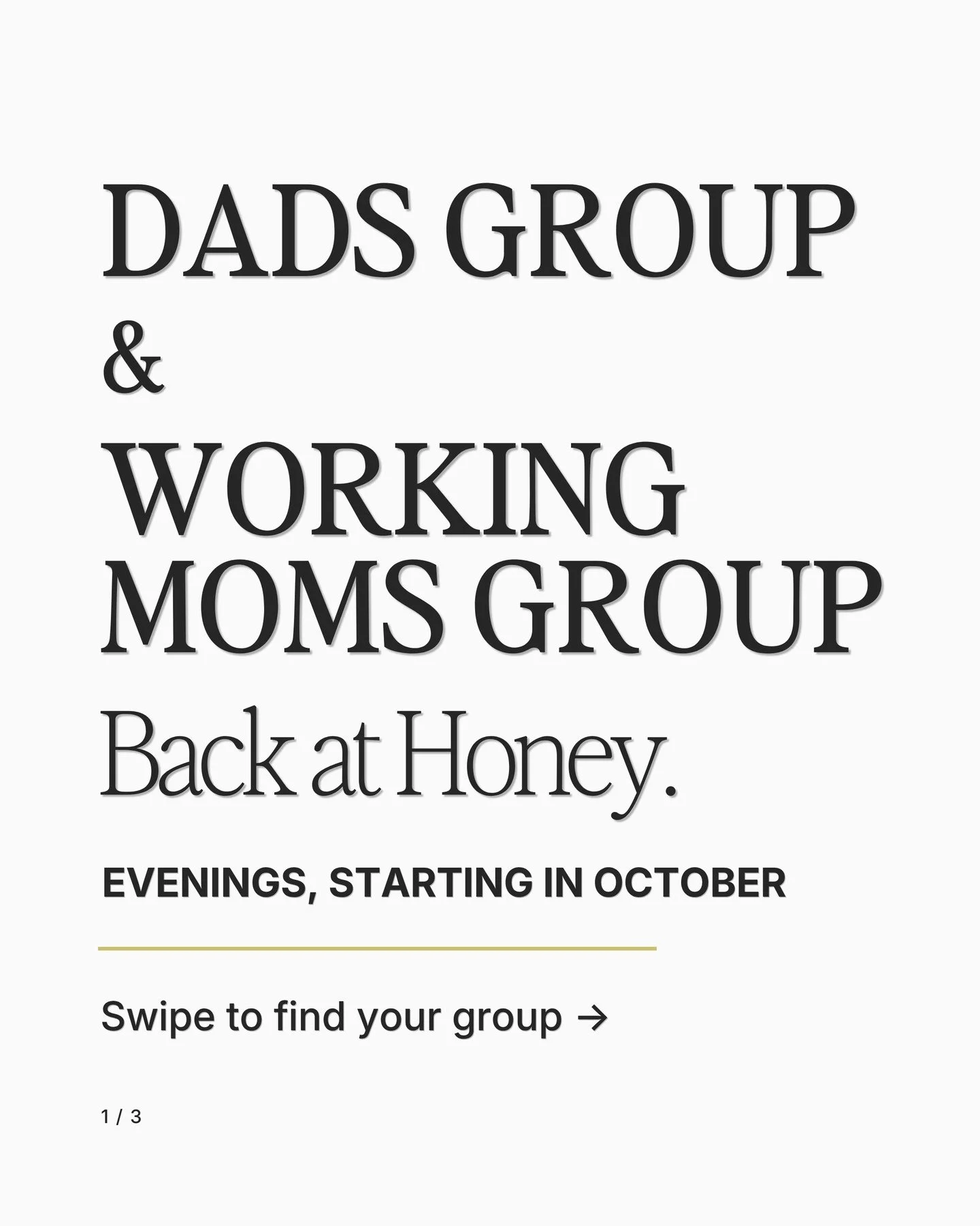 Dads Group &amp; Working Moms Group are back at Honey. 🤍

Two spaces for parents to connect with others in the same season.

Working Moms Group with Varsha starts October 15.

Dads Group with Miguel starts October 20.

Swipe through to find your gro