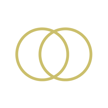 Two gold-colored interlocking rings on a black background.