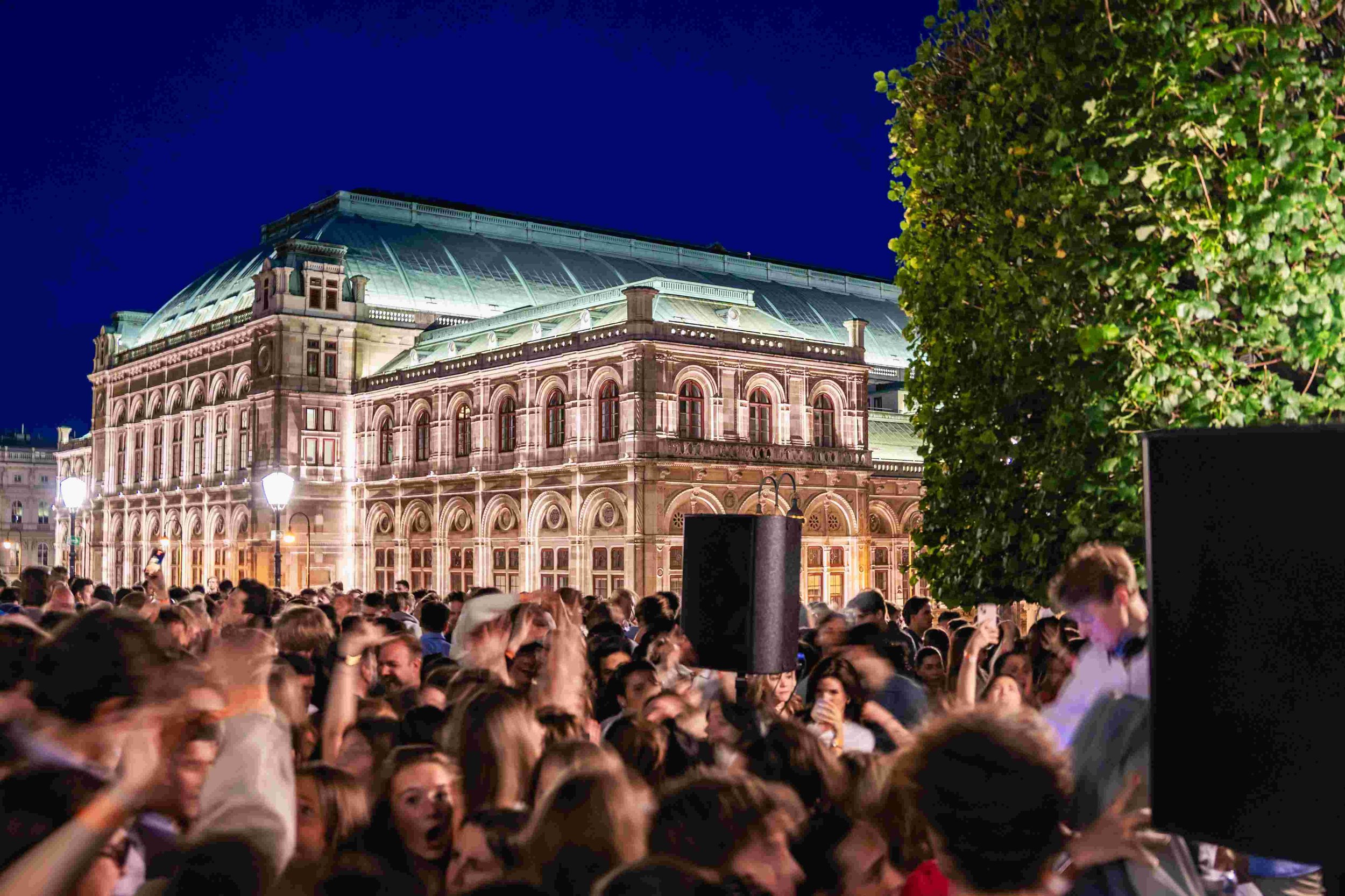 Nighttime scene of a large crowd of people gathered outside in front of a historic building with arched windows and a glass-domed roof, illuminated with bright lights, and a large green leafy tree on the right side.
