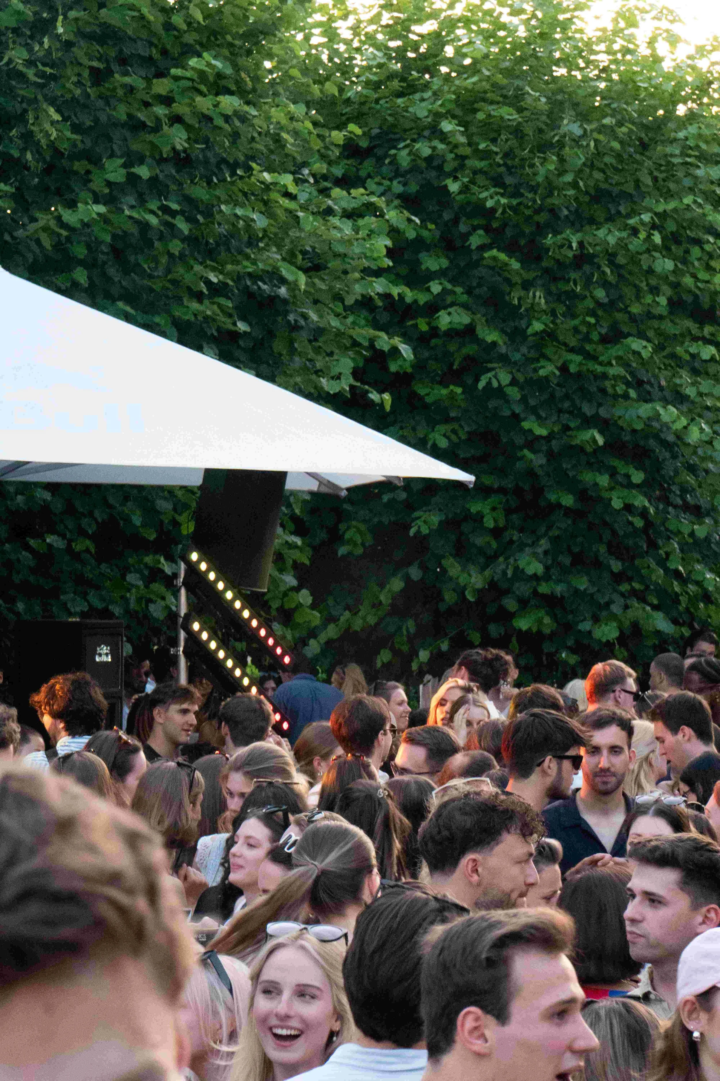 Crowd of people gathered outdoors in front of a large tree during sunset, with some individuals smiling and engaging with each other.