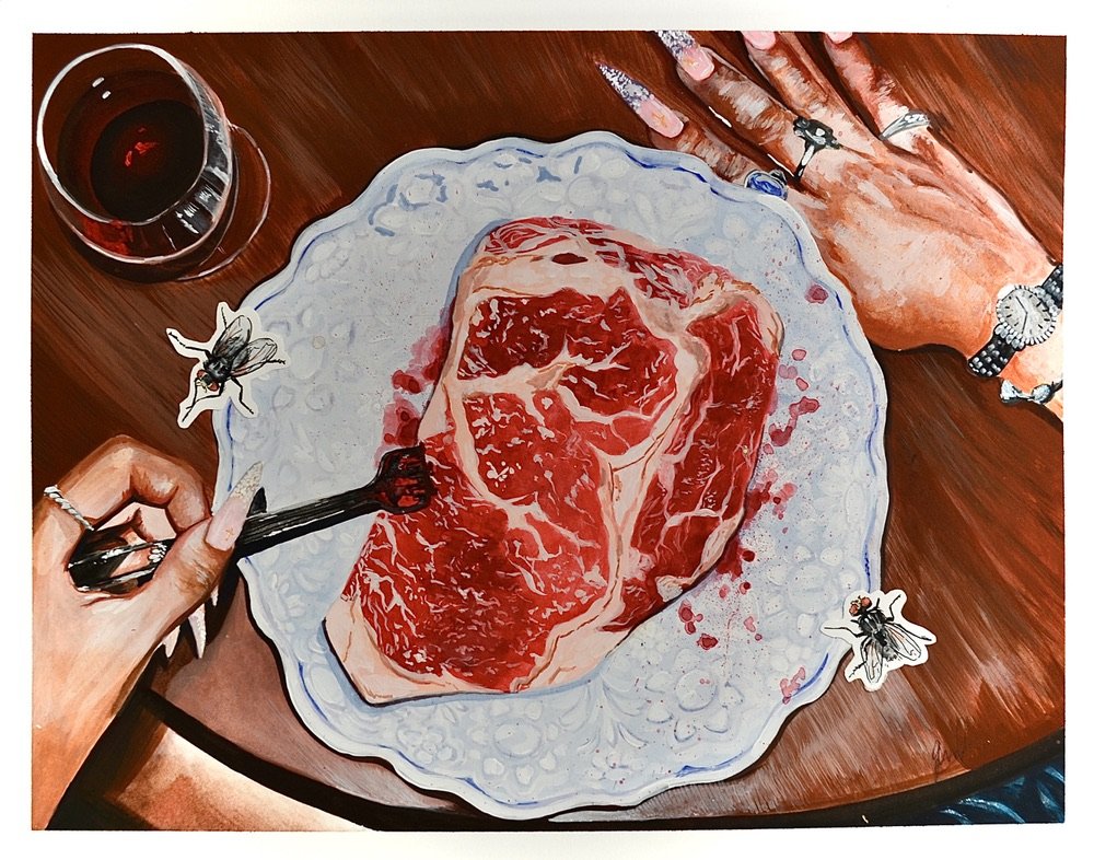 A painting of a raw steak on a decorative plate with a glass of red wine nearby, on a wooden table. Two hands with jewelry are visible, one holding a fork and the other resting on the table, with paper cutouts of flies around the steak.