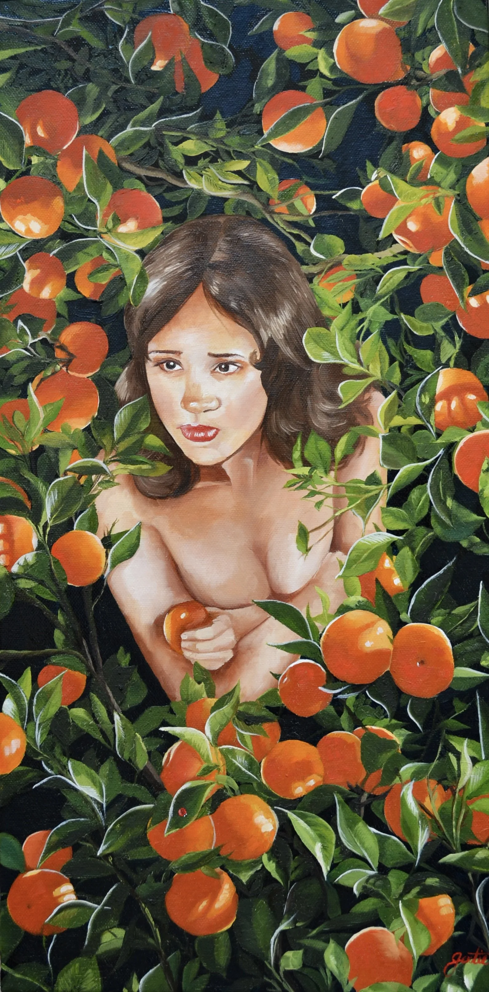 Painting of a woman with medium brown hair surrounded by orange fruit and green leaves, with a dark background.
