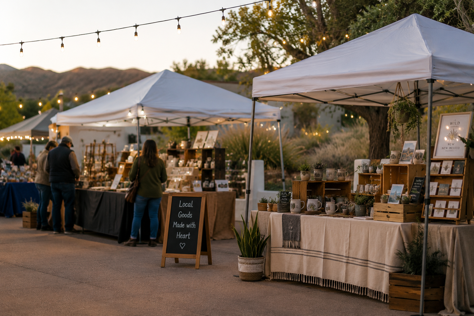 Outdoor night market with vendor stalls under white canopies, string lights overhead, displaying handmade crafts, pottery, and art, with people browsing and a scenic background of trees, mountains, and twilight sky.