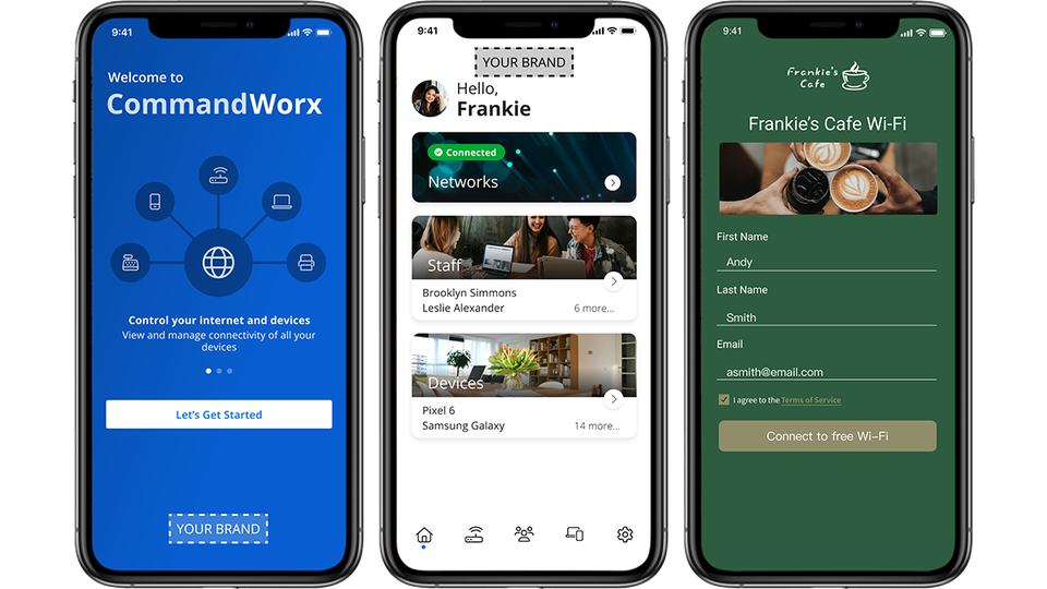 Three smartphones displaying different screens of a Wi-Fi network management app. The first screen shows the app's login page with the logo and a 'Let's Get Started' button. The second screen shows a user profile dashboard with network, staff, and device information. The third screen displays a Wi-Fi connection setup form with user details and a 'Connect to free Wi-Fi' button.