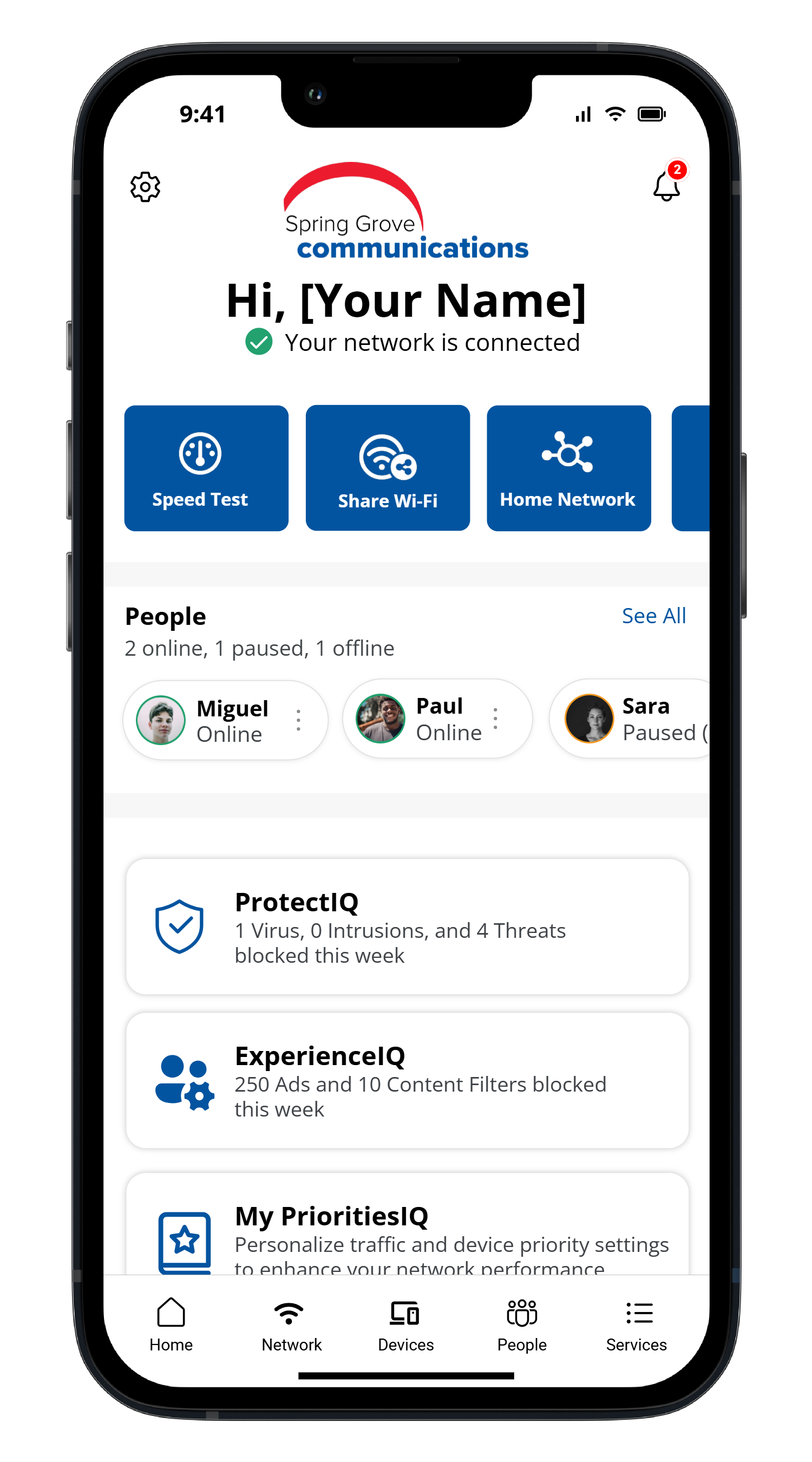 Smartphone screen displaying a network management app with options like Speed Test, Share Wi-Fi, and Home Network, and user contact status showing two online and one paused.