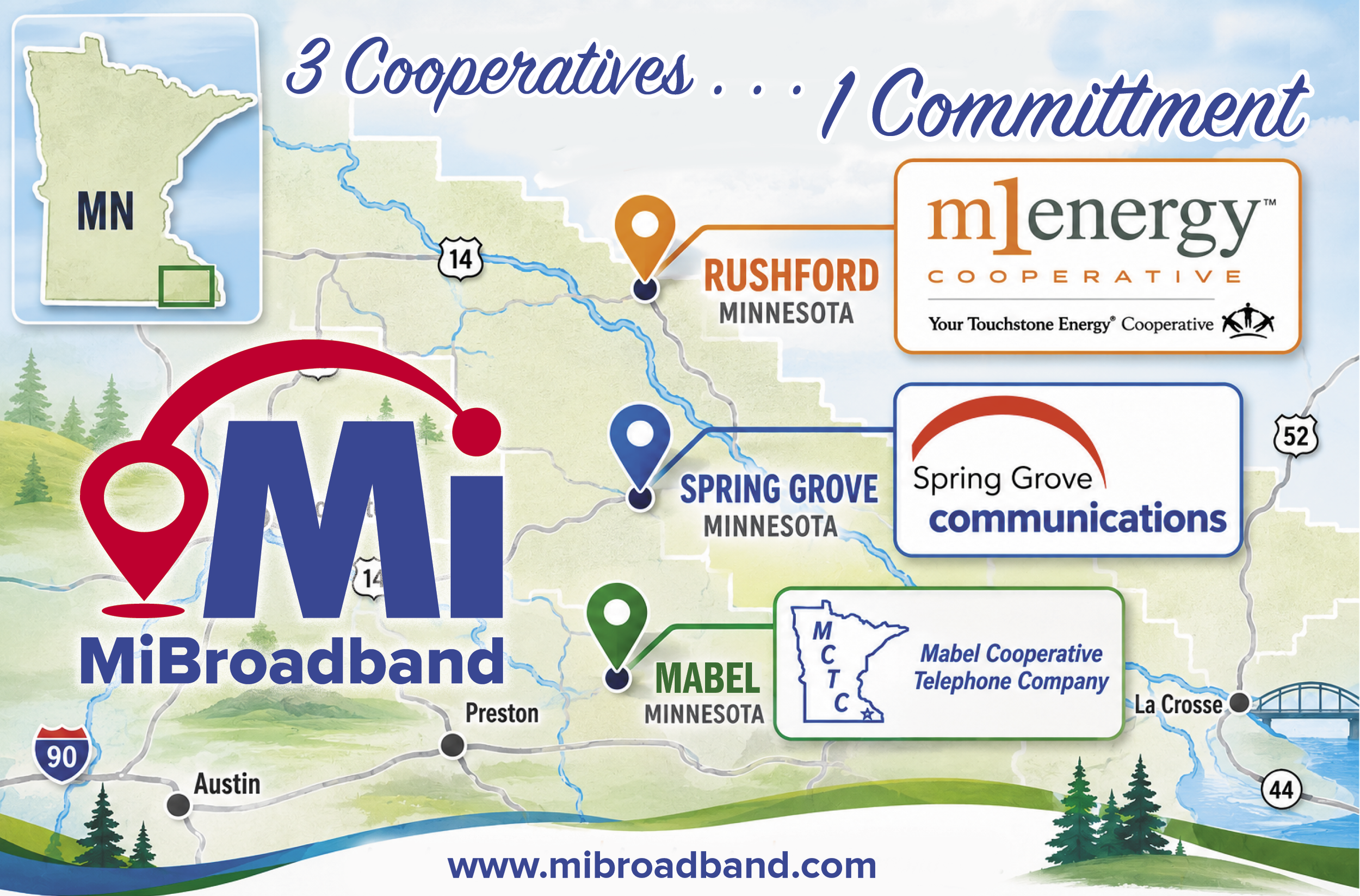 Map highlighting three cooperatives in Minnesota: RUSHFORD, SPRING GROVE, and MABEL, with logos and names of the cooperatives, showing their locations and associated services.