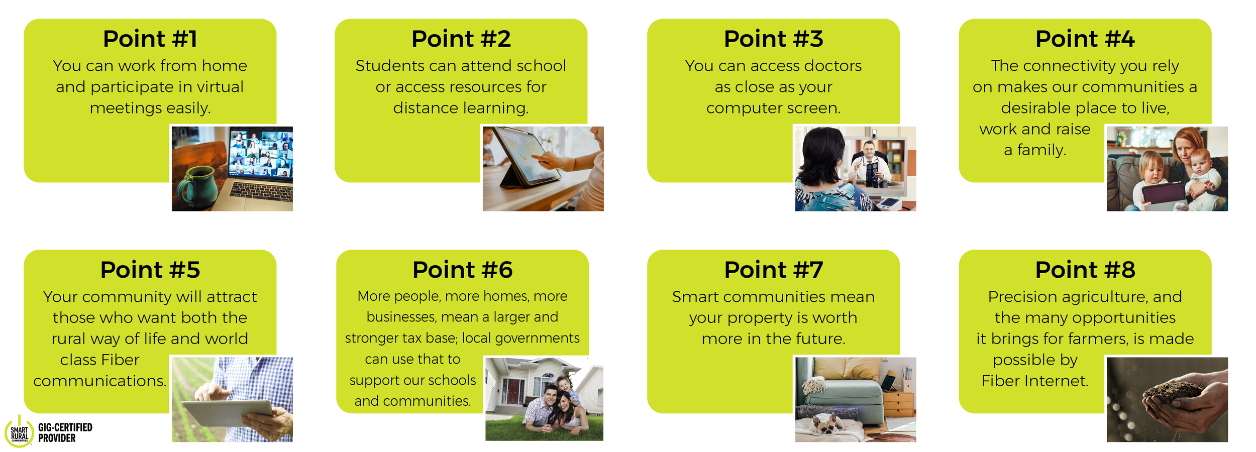 A colorful infographic with eight points about community and technology, each with accompanying images. Points include working from home, online education, virtual doctor visits, community connectivity, attracting residents with fiber internet, local government support, property value growth, and benefits of fiber internet for agriculture.