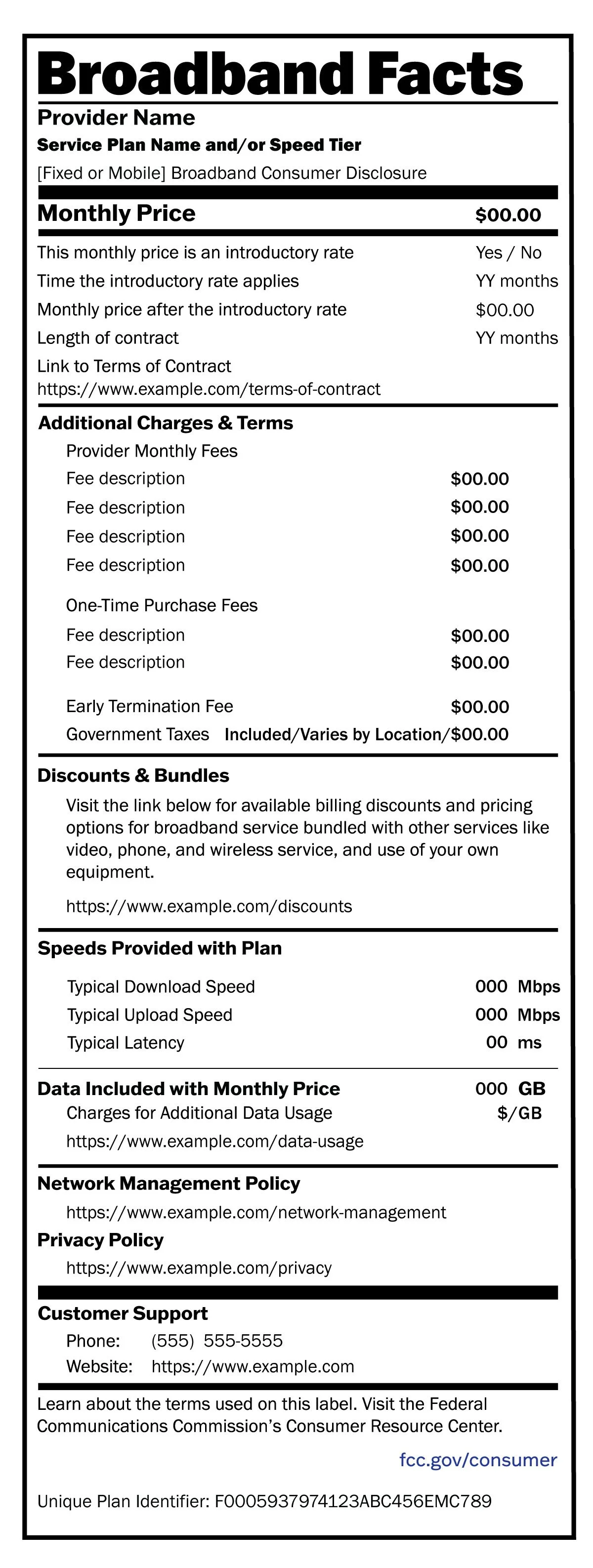 A detailed broadband service plan facts label with pricing, terms, discounts, speeds, data, network policy, privacy policy, customer support, and legal information, including URLs and contact info.