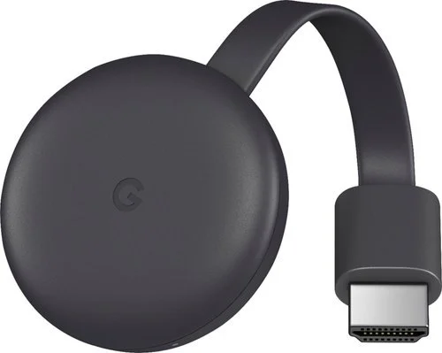 A black Google Chromecast streaming device with a connected HDMI cable.