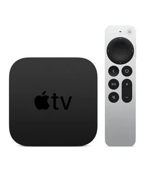Apple TV box next to a remote control.
