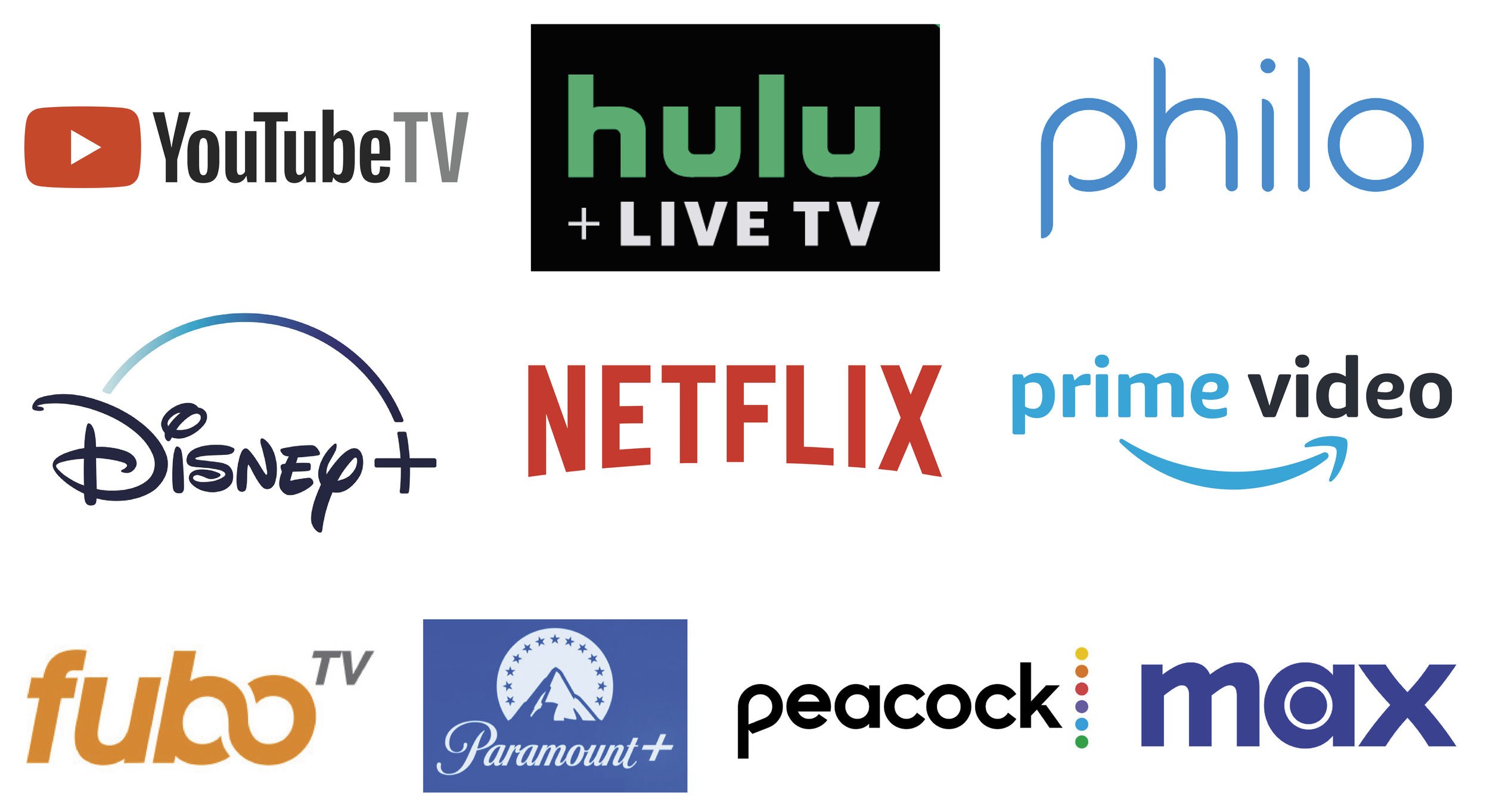 Logos of popular streaming services including YouTube TV, Hulu + Live TV, Philo, Disney+, Netflix, Amazon Prime Video, Fubo TV, Paramount+, Peacock, and Max.