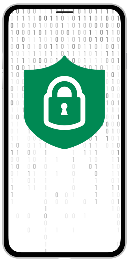 Smartphone screen displaying a green shield with a padlock, digital binary code background.