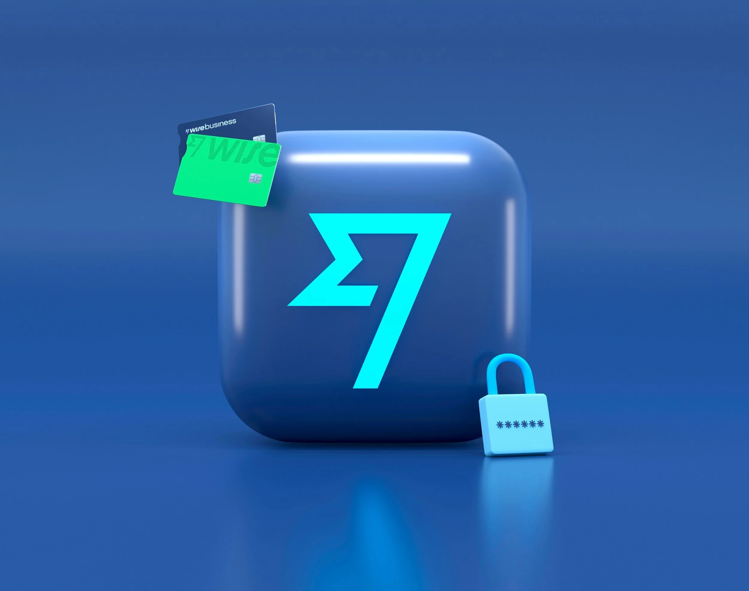 Digital illustration of a glowing blue square with a white arrow inside, two credit cards labeled 'Wise' and 'wirebusiness' emerging from the top, and a lock with a password prompt connected via a cable, all set against a shades of blue background.