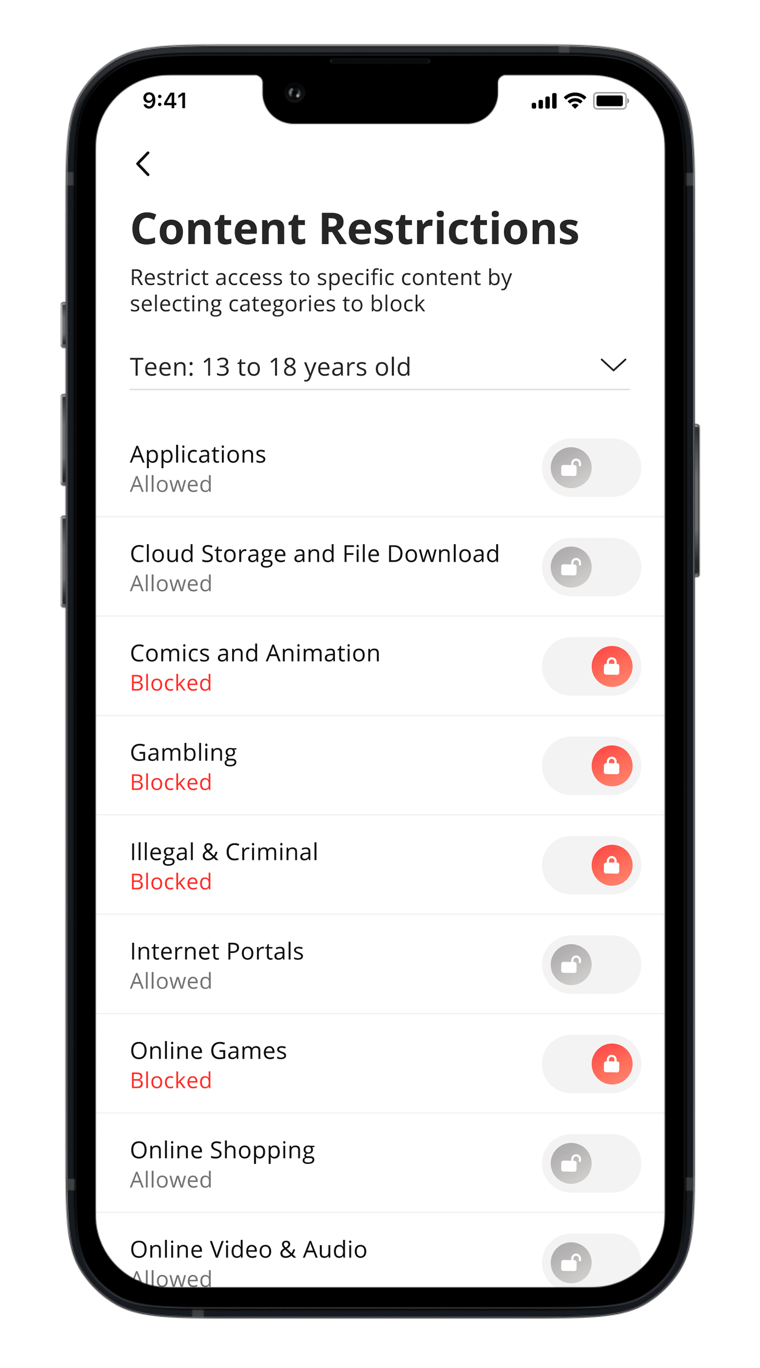 Mobile device screen showing content restriction settings with categories like Comics and Animation, Gambling, and Illegal & Criminal blocked in red, while Applications, Cloud Storage and File Download, Internet Portals, and Online Video & Audio are allowed in gray.
