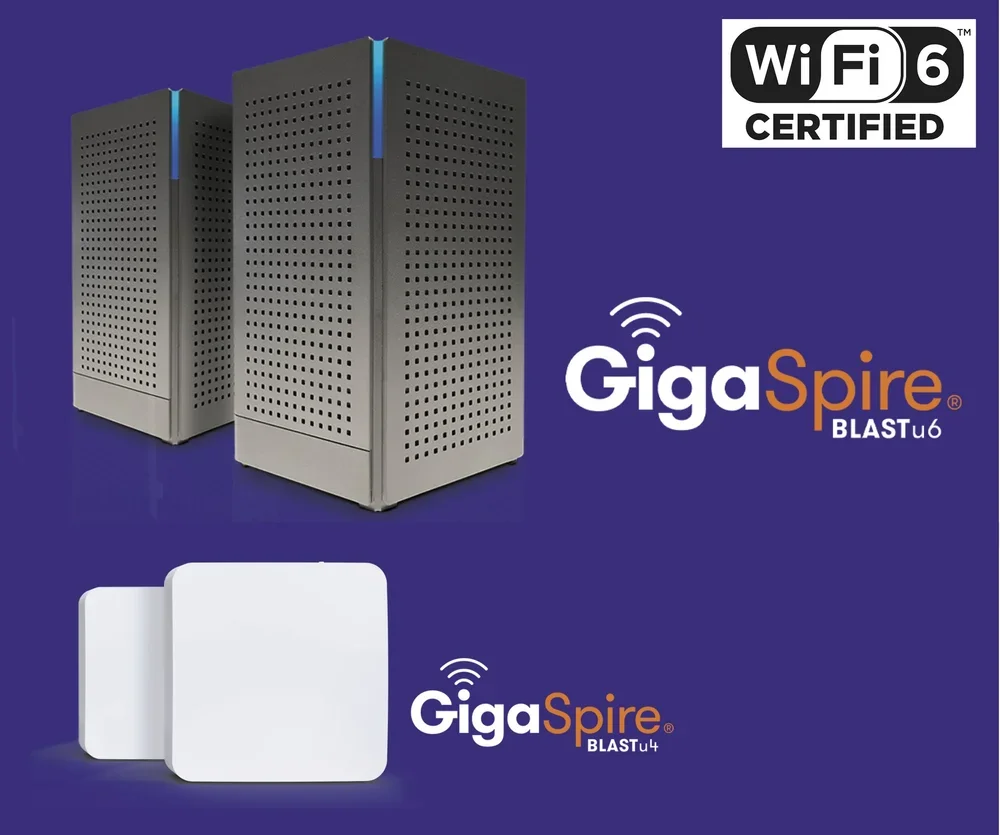 Image of two tall Wi-Fi 6 certified network servers, with white access points below, and logos for GigaSpire BLASTu6 and BLASTu4 on a blue background.