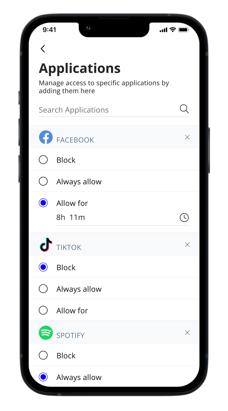 Smartphone screen displaying application permissions settings for Facebook, TikTok, and Spotify, with options to block or allow access for a specified duration.