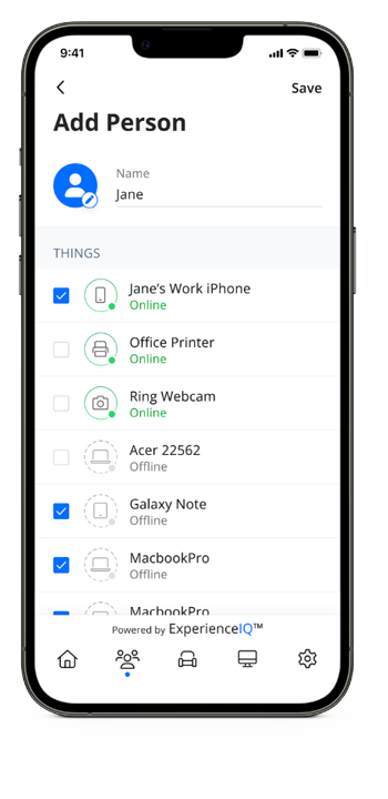 Screenshot of a smartphone app screen titled 'Add Person' with the name 'Jane'. The list includes devices with checkboxes, showing which are online or offline, such as 'Jane's Work iPhone', 'Office Printer', 'Ring Webcam', 'Acer 22562', 'Galaxy Note', and 'MacbookPro'.