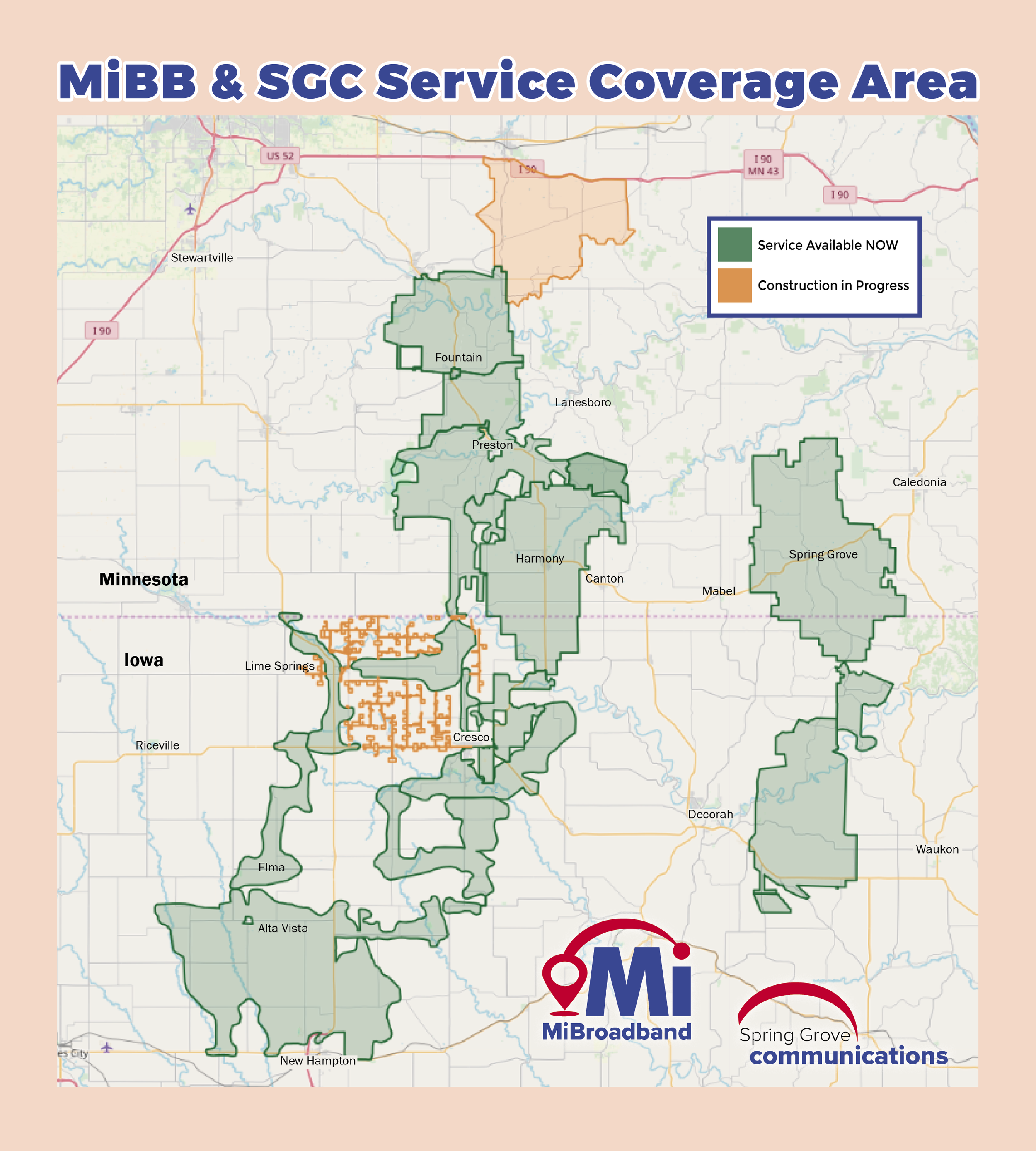 Map showing MiBB & SSC service coverage area in Minnesota with color codes: green indicating service available now and orange indicating construction in progress. Cities like Stewartville, Preston, Harmony, Canton, Riceville, Lime Springs, Cresco, Elma, Alta Vista, Spring Grove, and Waukon are marked.